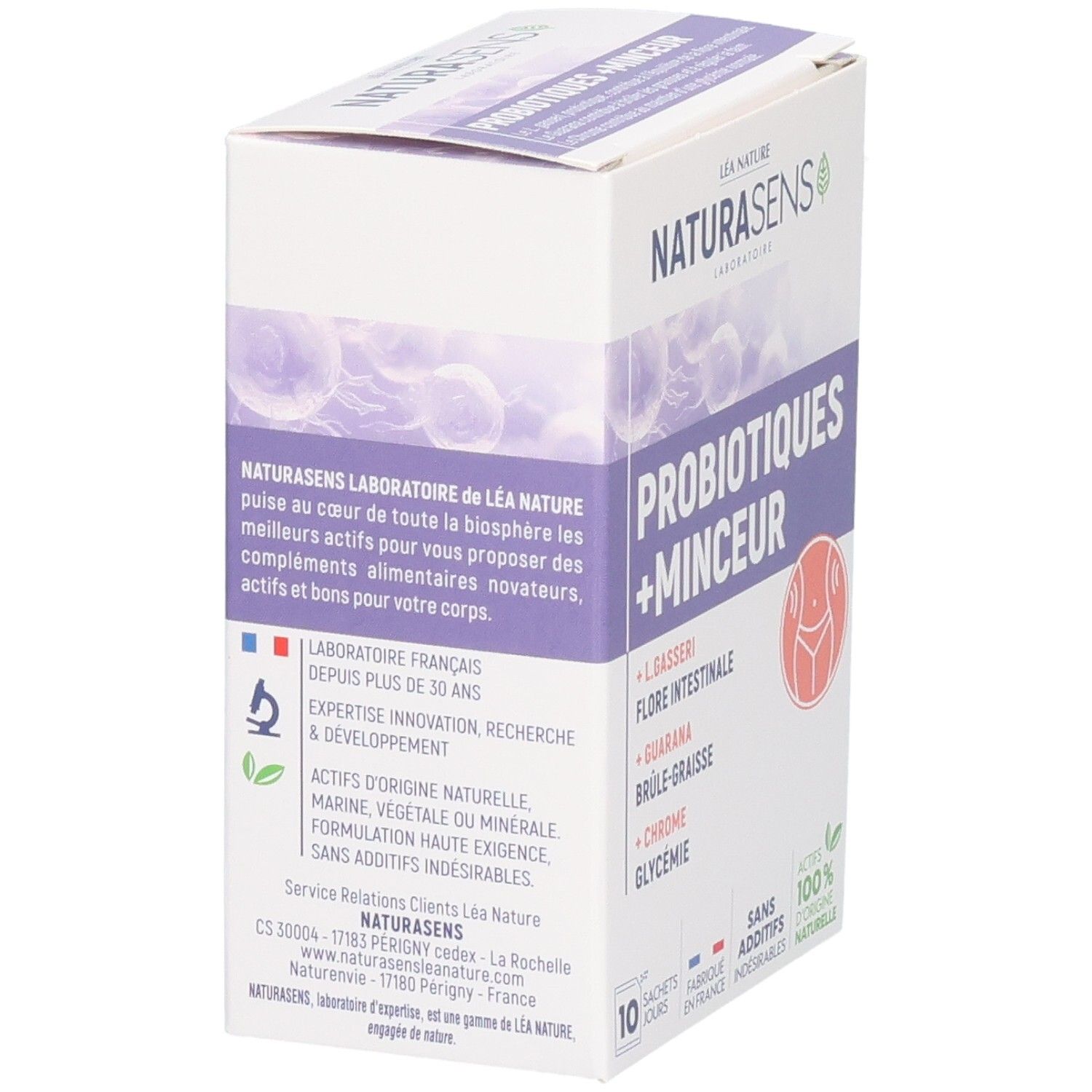 NATURASENS Probiotiques + Minceur boîte, verso avec informations sur les ingrédients et l'origine.