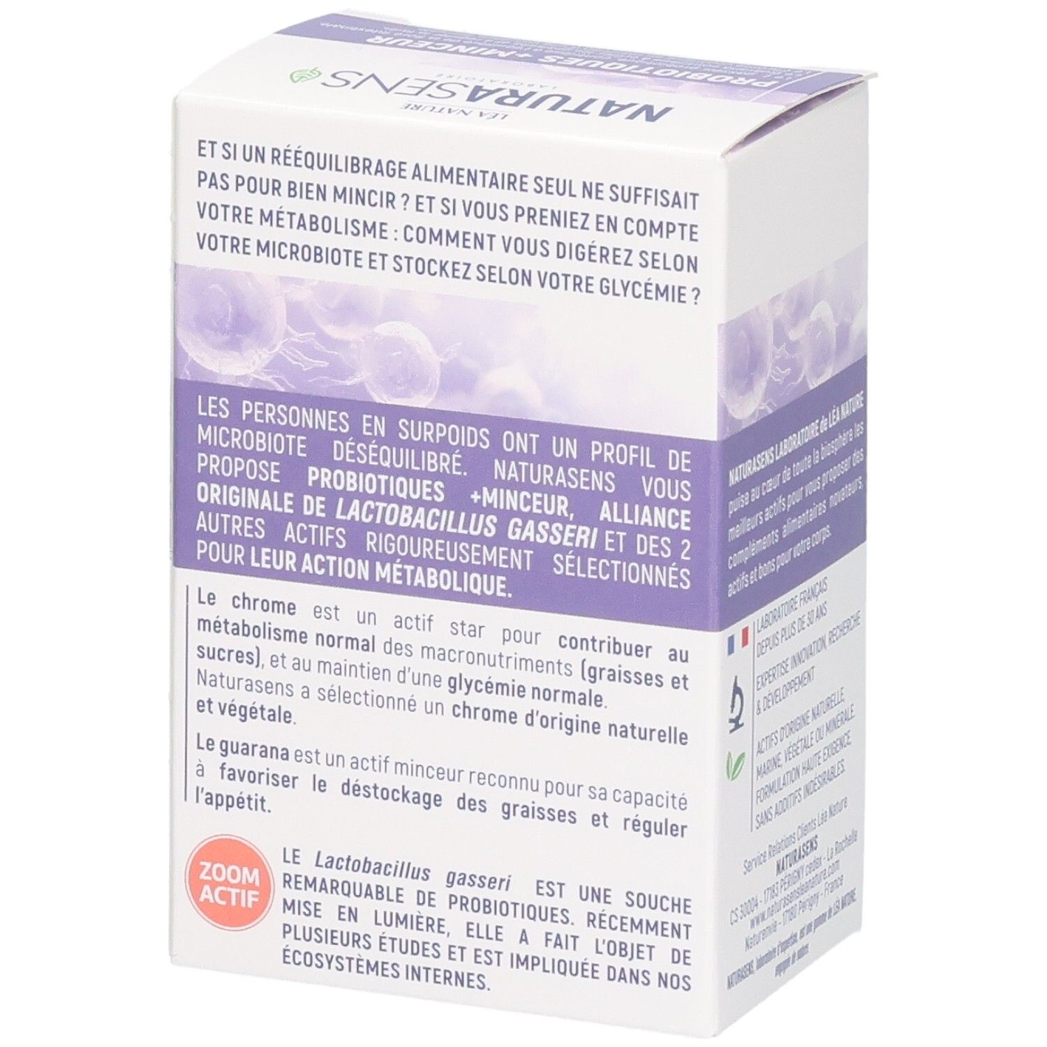 NATURASENS Probiotiques + Minceur boîte, côté avec détails sur les actifs et leur action.