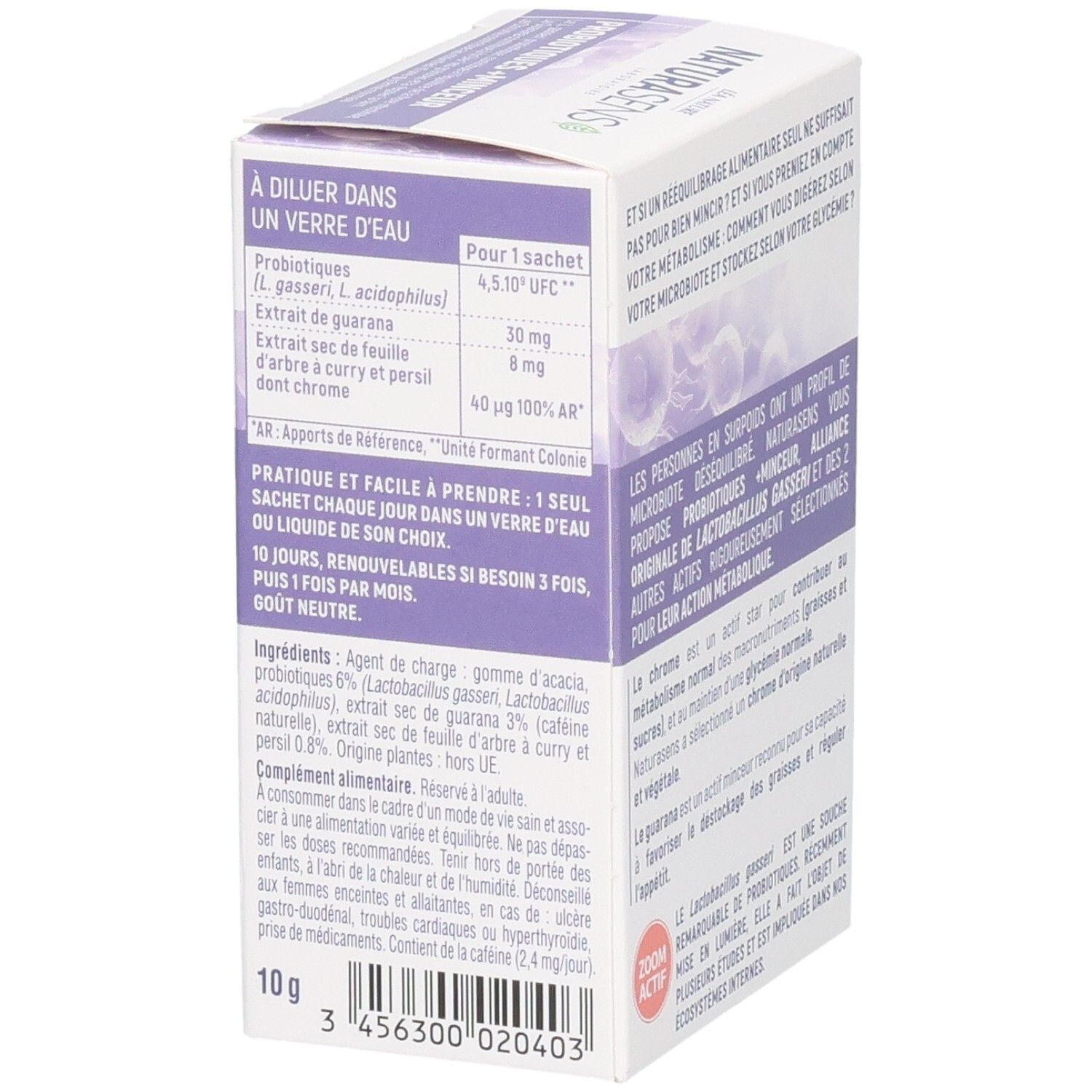 NATURASENS Probiotiques + Minceur boîte, côté avec instructions d'utilisation et liste des ingrédients.