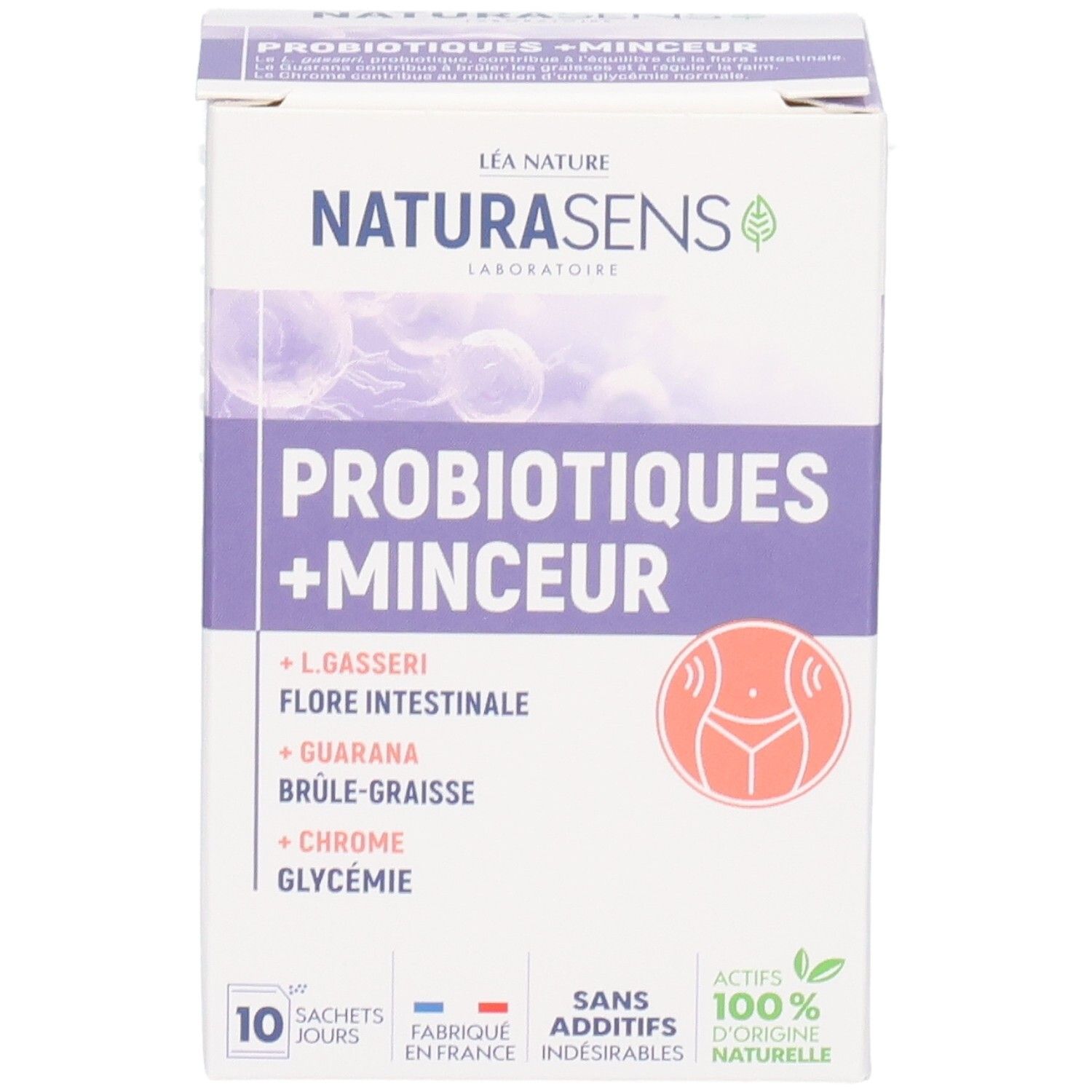 NATURASENS Probiotiques + Minceur boîte, face avant avec nom du produit et ingrédients principaux.
