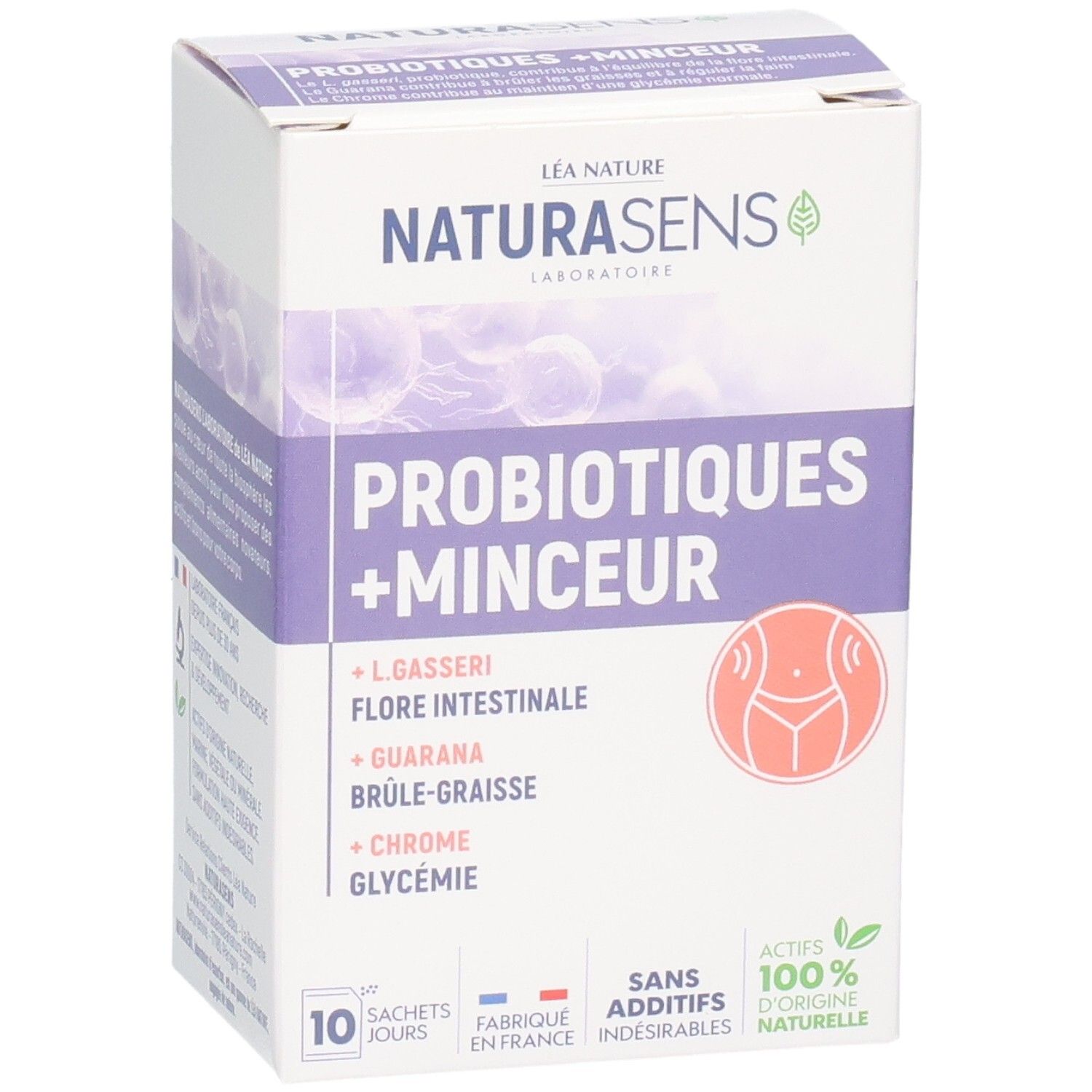 NATURASENS Probiotiques + Minceur boîte de 10 sachets. Contient L. gasseri, Guarana, Chrome.