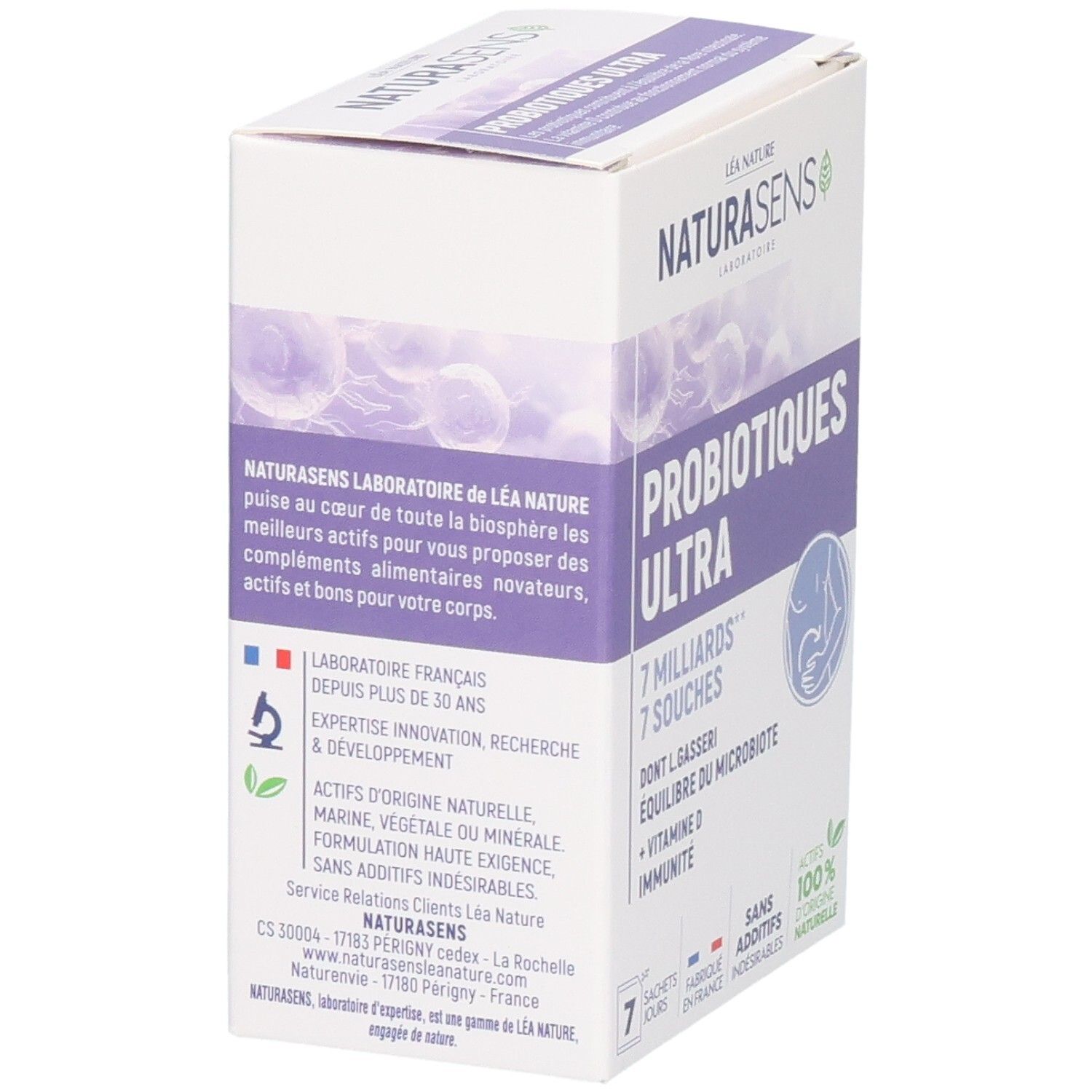 Arrière de la boîte : Laboratoire français, ingrédients d'origine naturelle, sans additifs.