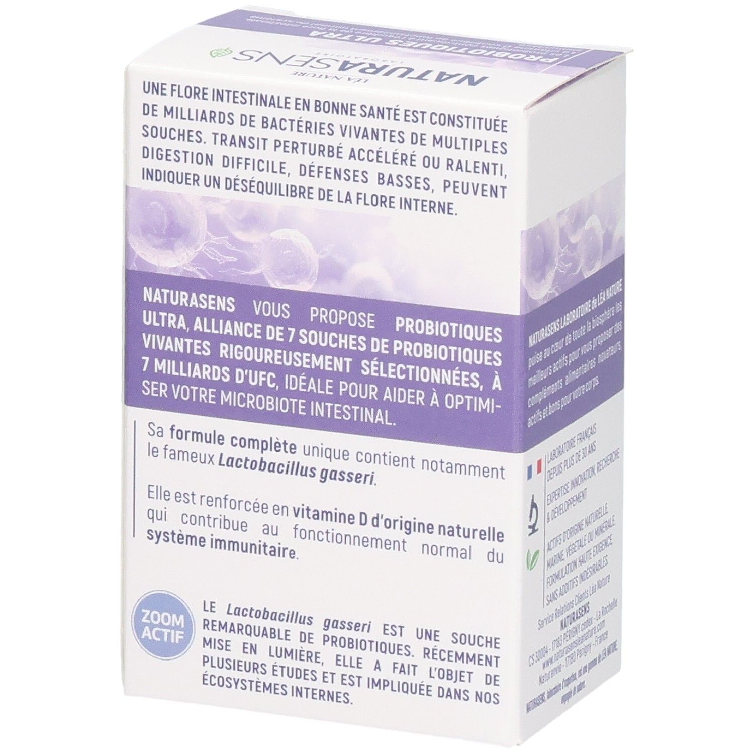 Vue latérale de la boîte : Probiotiques Ultra, 7 milliards de cultures, pour l'équilibre du microbiote.