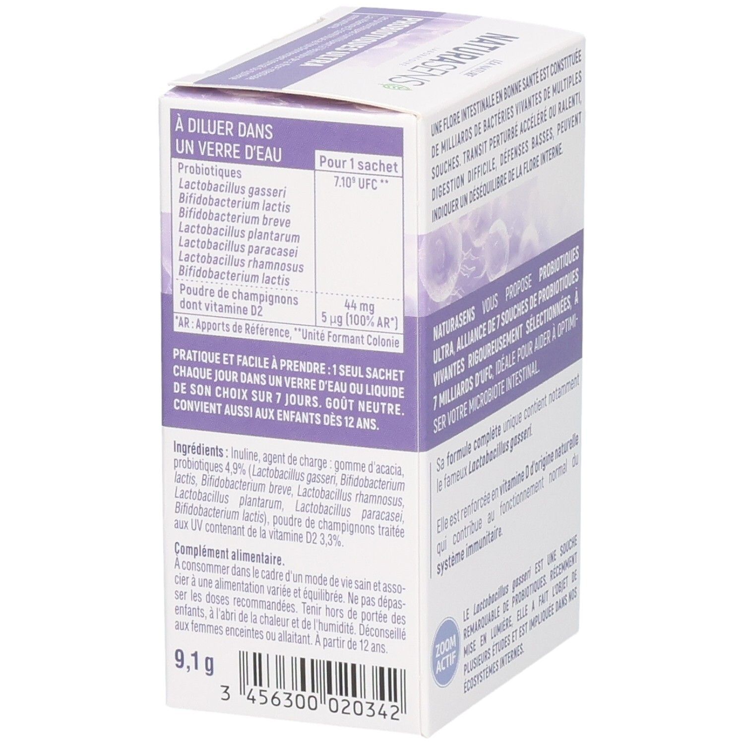 Vue latérale de la boîte : À diluer dans l'eau, avec L. gasseri et Vitamine D.