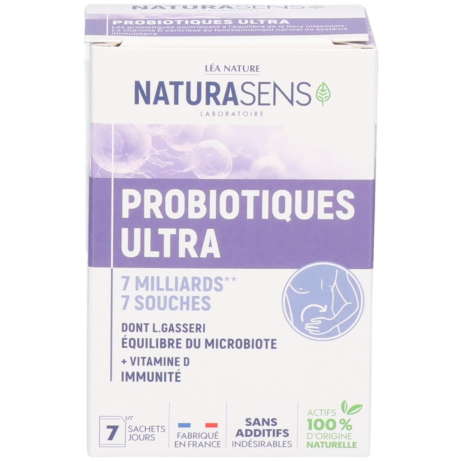 Face avant de la boîte : Probiotiques Ultra, 7 milliards de cultures, Vitamine D pour l'immunité.