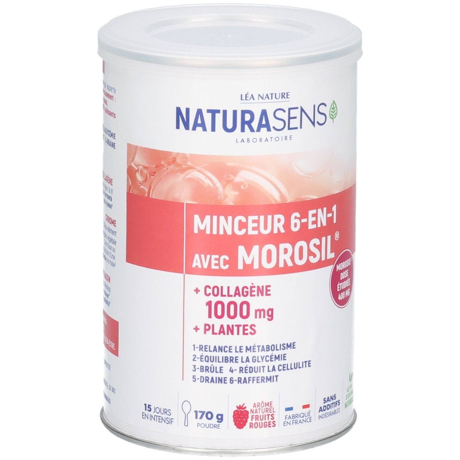 Pot de poudre de 170g. Contient Morosil, collagène et extraits de plantes. Pour métabolisme et glycémie.
