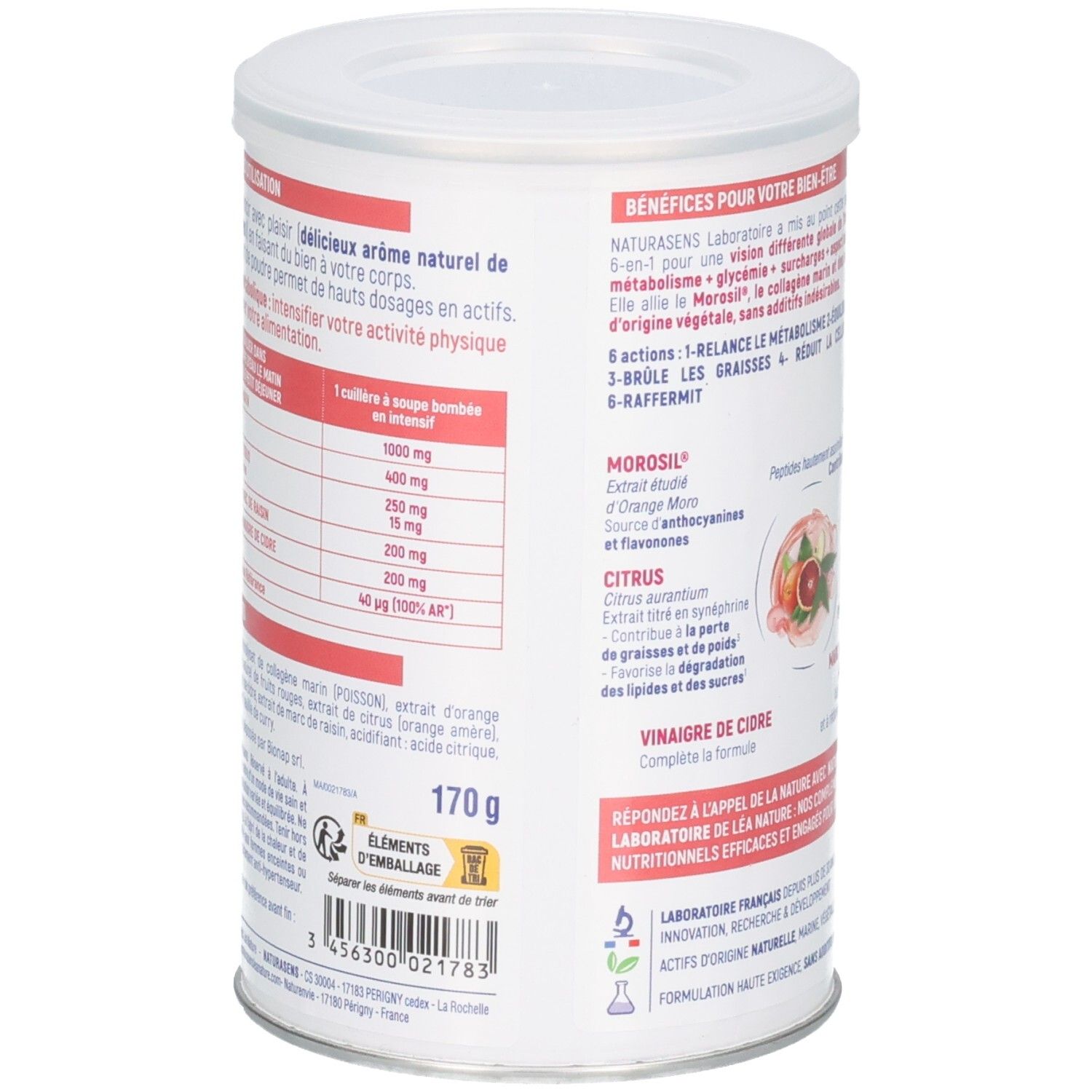 Vue latérale d'un pot de poudre. Montre les informations nutritionnelles et les ingrédients comme Morosil et extrait d'agrumes.