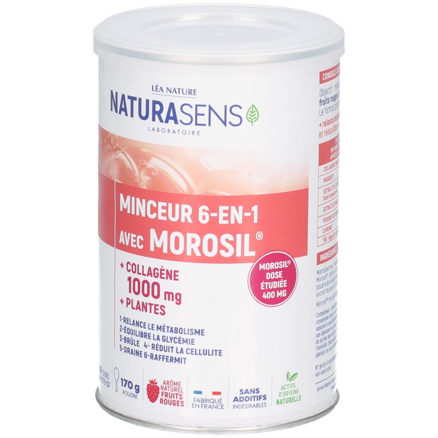 Pot de poudre de 170g. Contient Morosil, collagène et extraits de plantes. Pour métabolisme et glycémie.