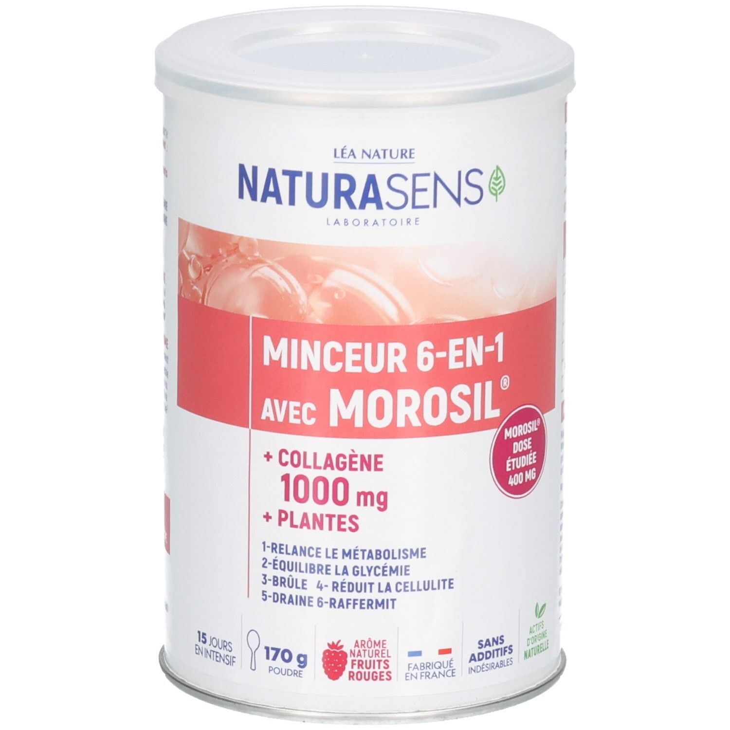 Pot de poudre de 170g. Contient Morosil, collagène et extraits de plantes. Pour métabolisme et glycémie.