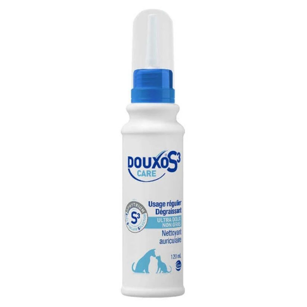 Flacon blanc avec bouchon et applicateur bleus. Logo "DOUXO S3 CARE" et silhouettes d'animaux.