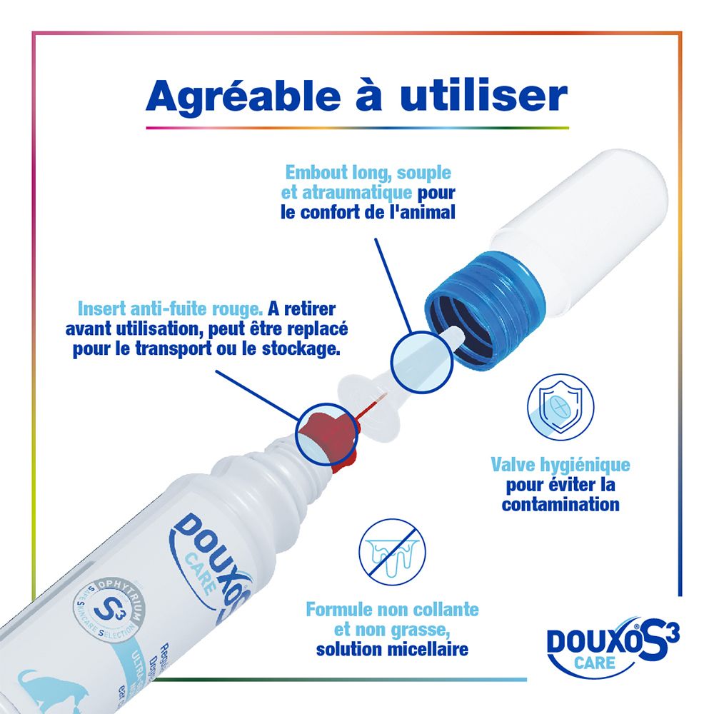 Vue éclatée de l'applicateur du nettoyant auriculaire DOUXO S3 CARE, détails sur l'embout et la valve.