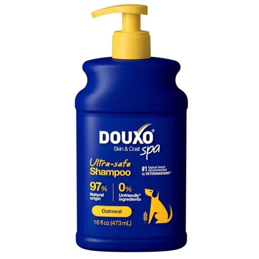 Flacon bleu avec pompe jaune, DOUXO SPA Shampooing Ultra-safe, 97% d'origine naturelle, avoine.