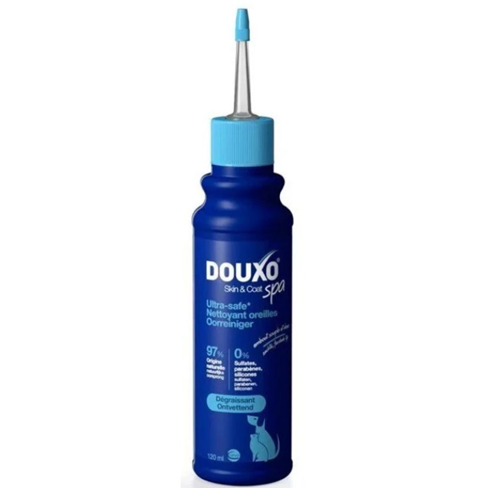 DOUXO SPA Nettoyant Oreilles: Flacon bleu avec applicateur. Contient 97% d'ingrédients d'origine naturelle.