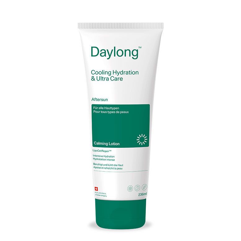 Tube Daylong Cooling Hydration & Ultra Care avec bouchon vert. Lotion apaisante pour tous types de peau.