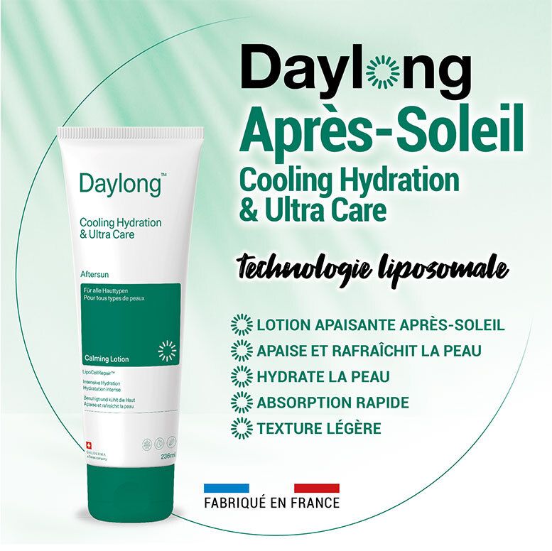 Tube Daylong Après-Soleil avec texte et icônes. Technologie liposomale pour une absorption rapide.