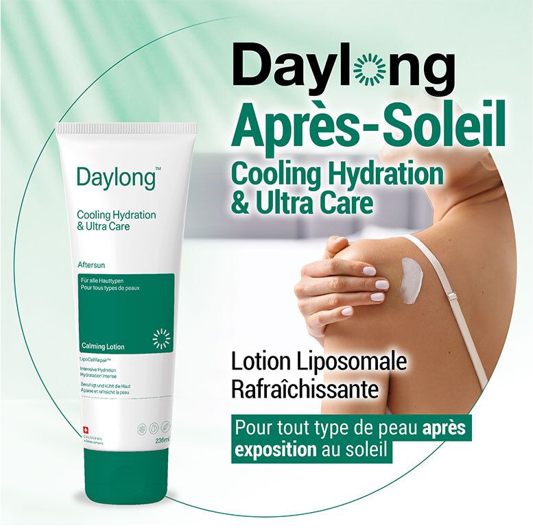 Tube Daylong Après-Soleil avec épaule de femme. Lotion liposomale, rafraîchissante et apaisante.