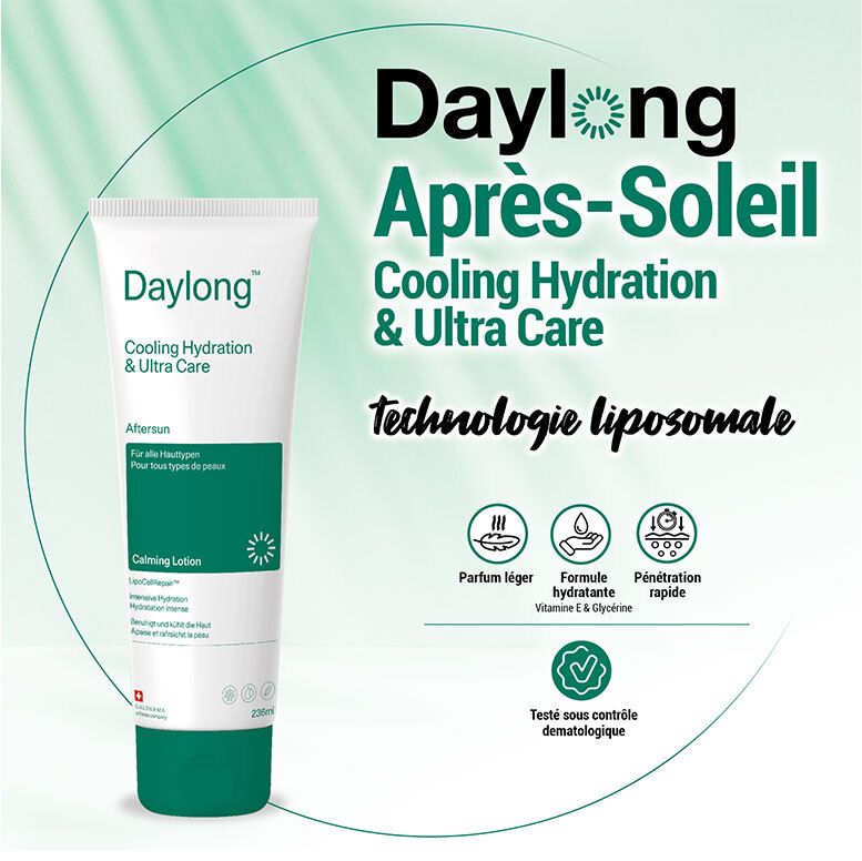 Tube Daylong Après-Soleil avec icônes. Parfum léger, hydratant, pénétration rapide.