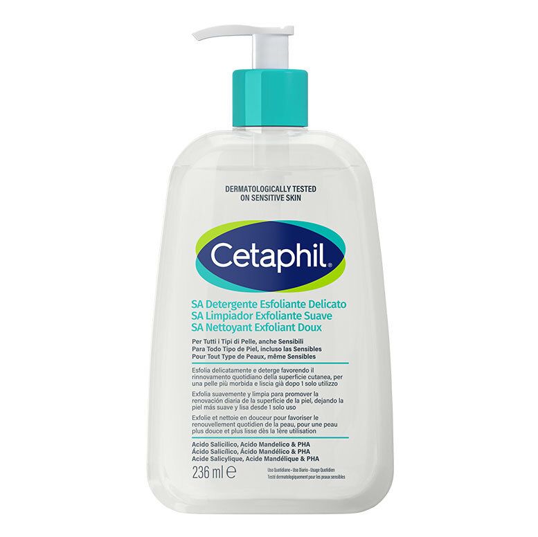 Nettoyant Cetaphil SA avec pompe, testé dermatologiquement sur peaux sensibles.