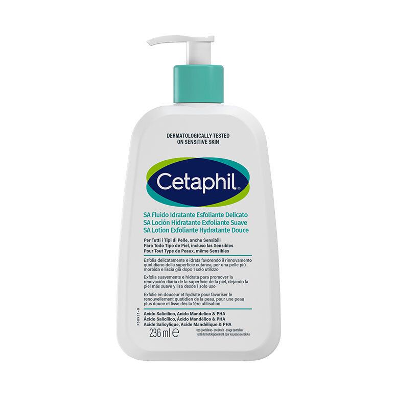 Flacon blanc Cetaphil avec pompe, SA Lotion Hydratante Exfoliante.