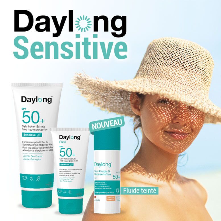 Produits solaires DAYLONG pour peaux sensibles, avec chapeau de paille.