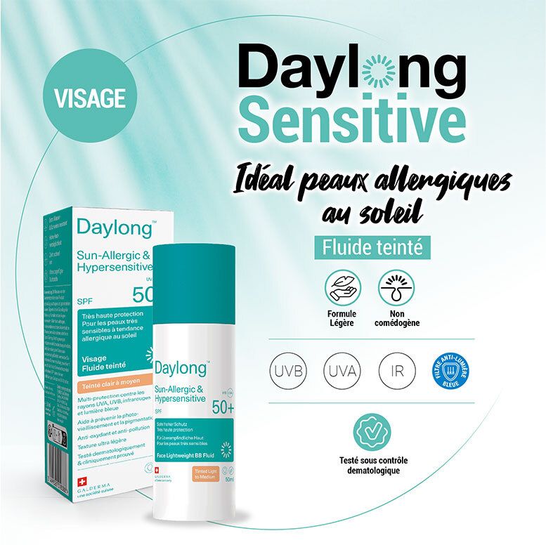DAYLONG fluide teinté visage SPF 50+ et son emballage.