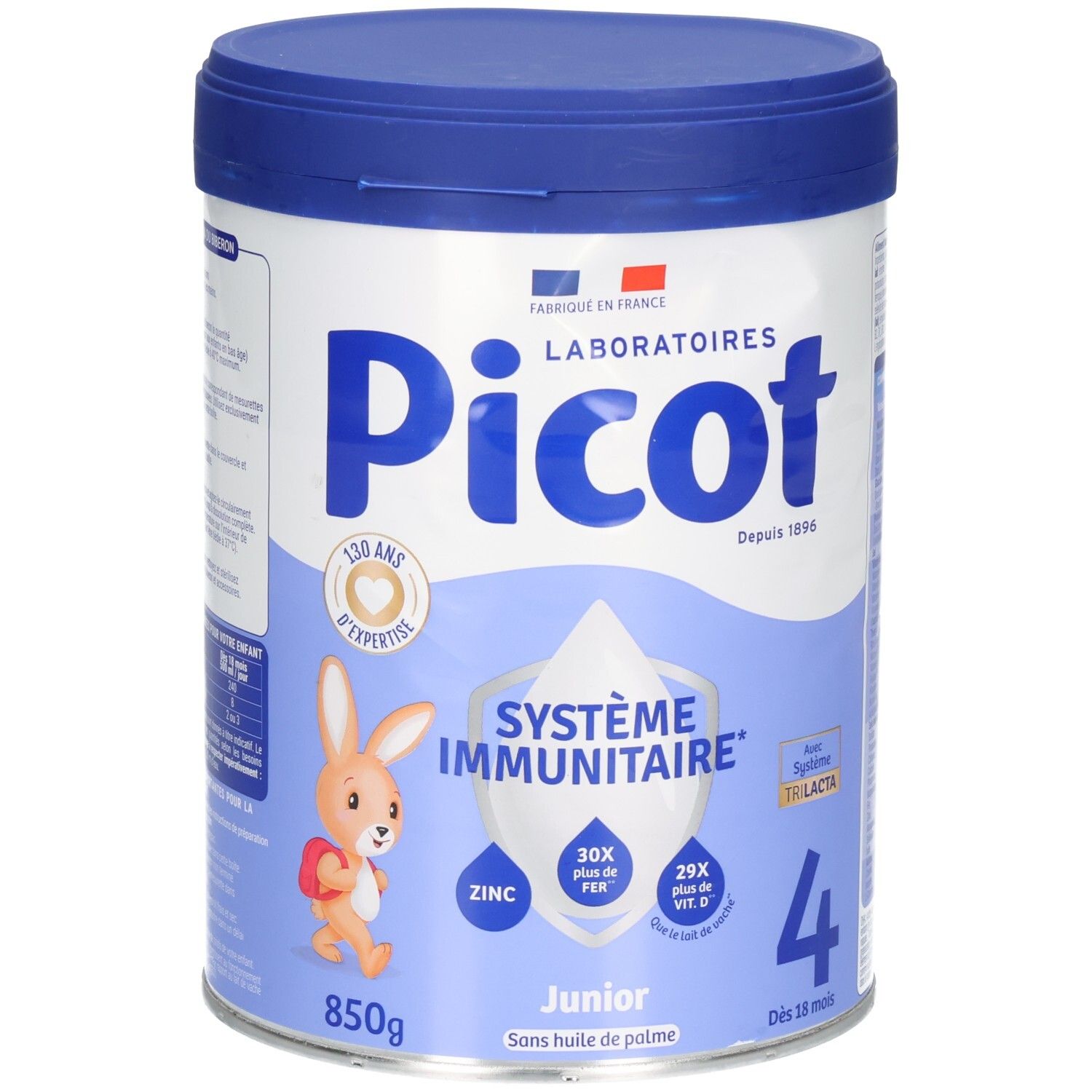 Boîte de lait en poudre Picot Junior 4 avec illustration de lapin et logo Système Immunitaire.