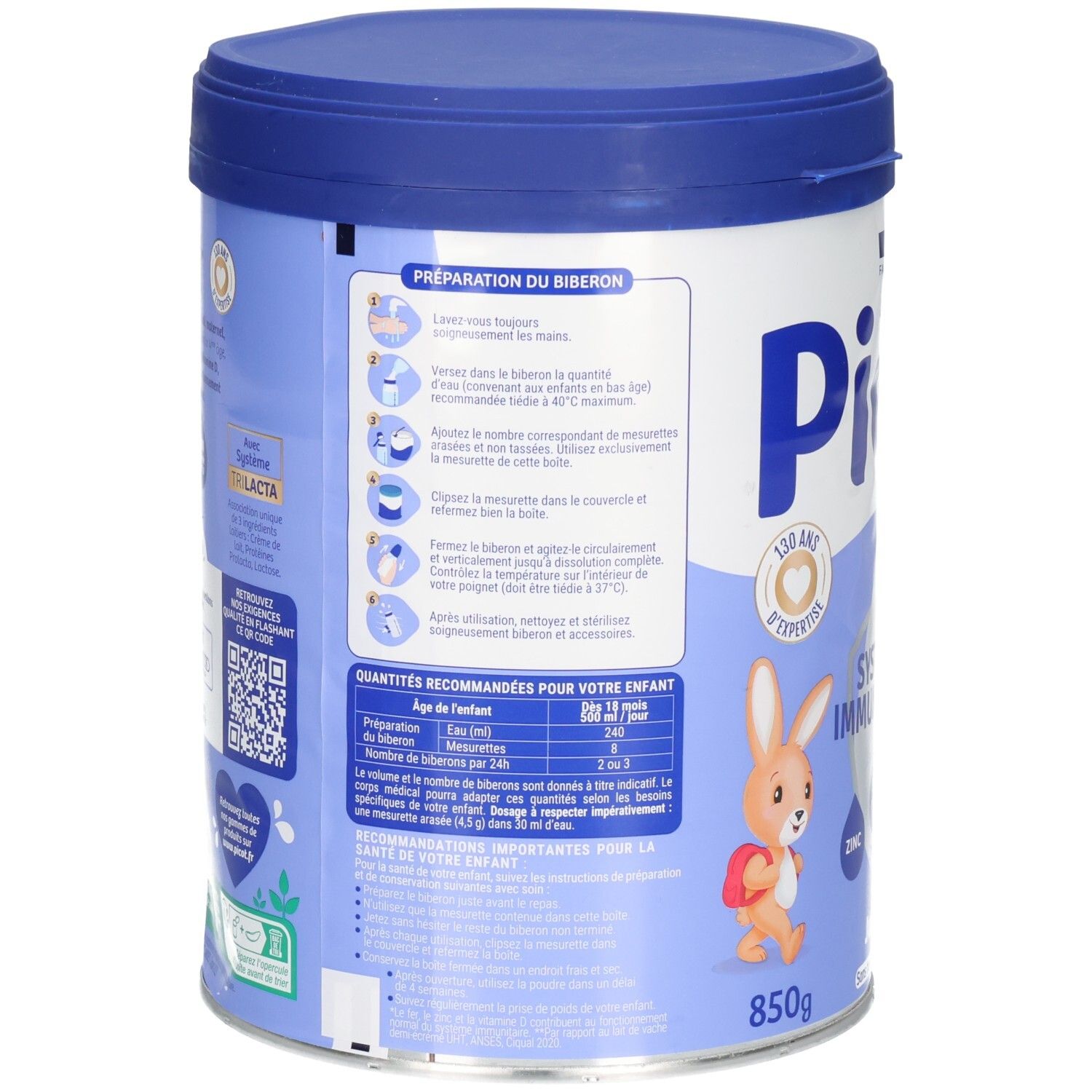 Arrière de la boîte Picot Junior 4 avec instructions de préparation et informations nutritionnelles.