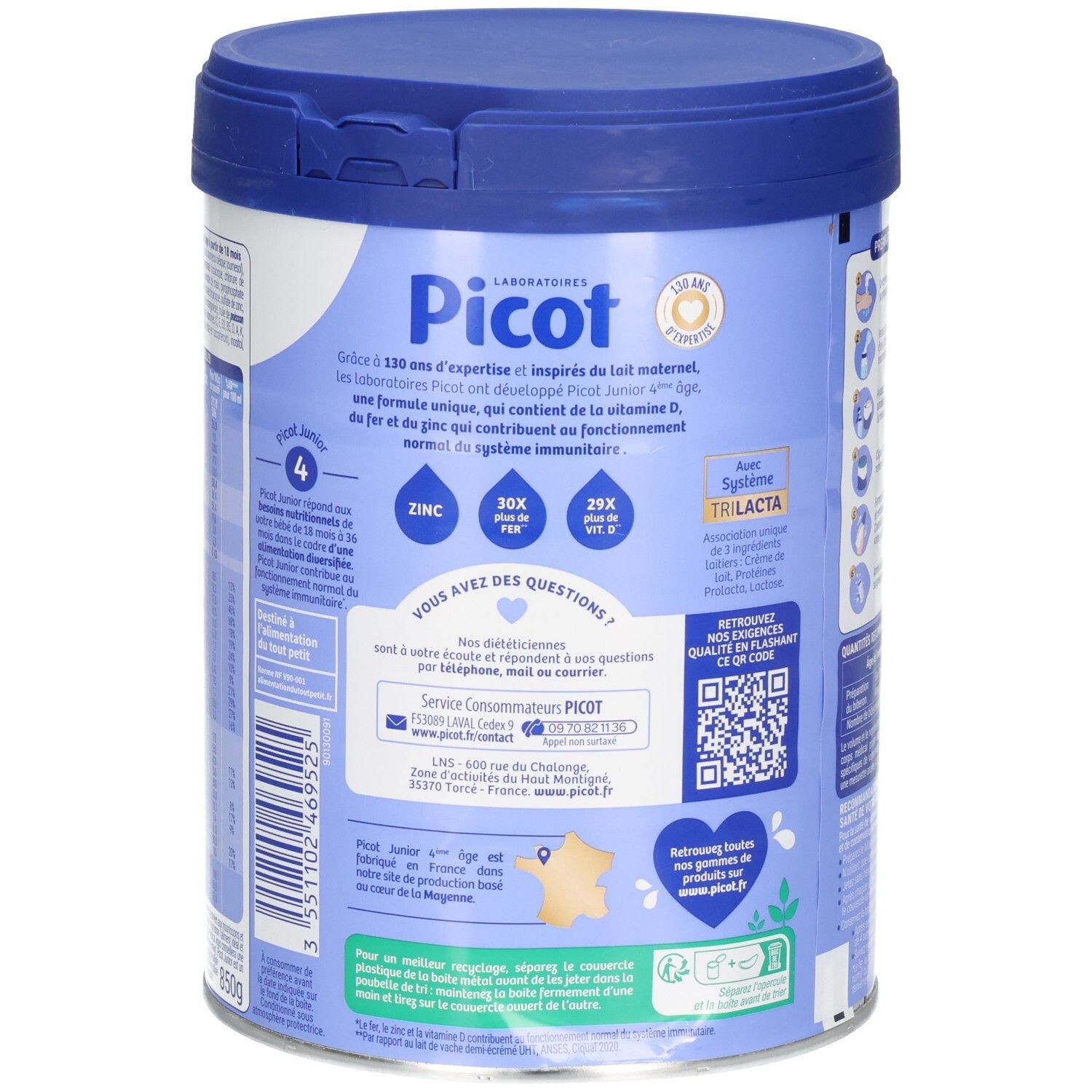 Vue latérale de la boîte Picot Junior 4 avec détails sur Laboratoires Picot et service client.