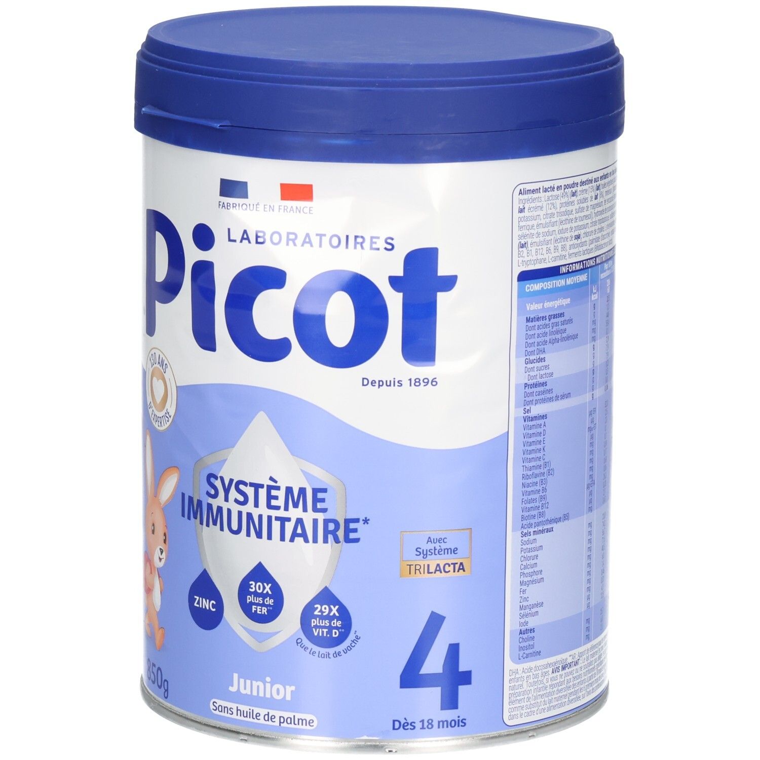 Avant de la boîte Picot Junior 4 avec logo, lapin et informations clés sur les nutriments.