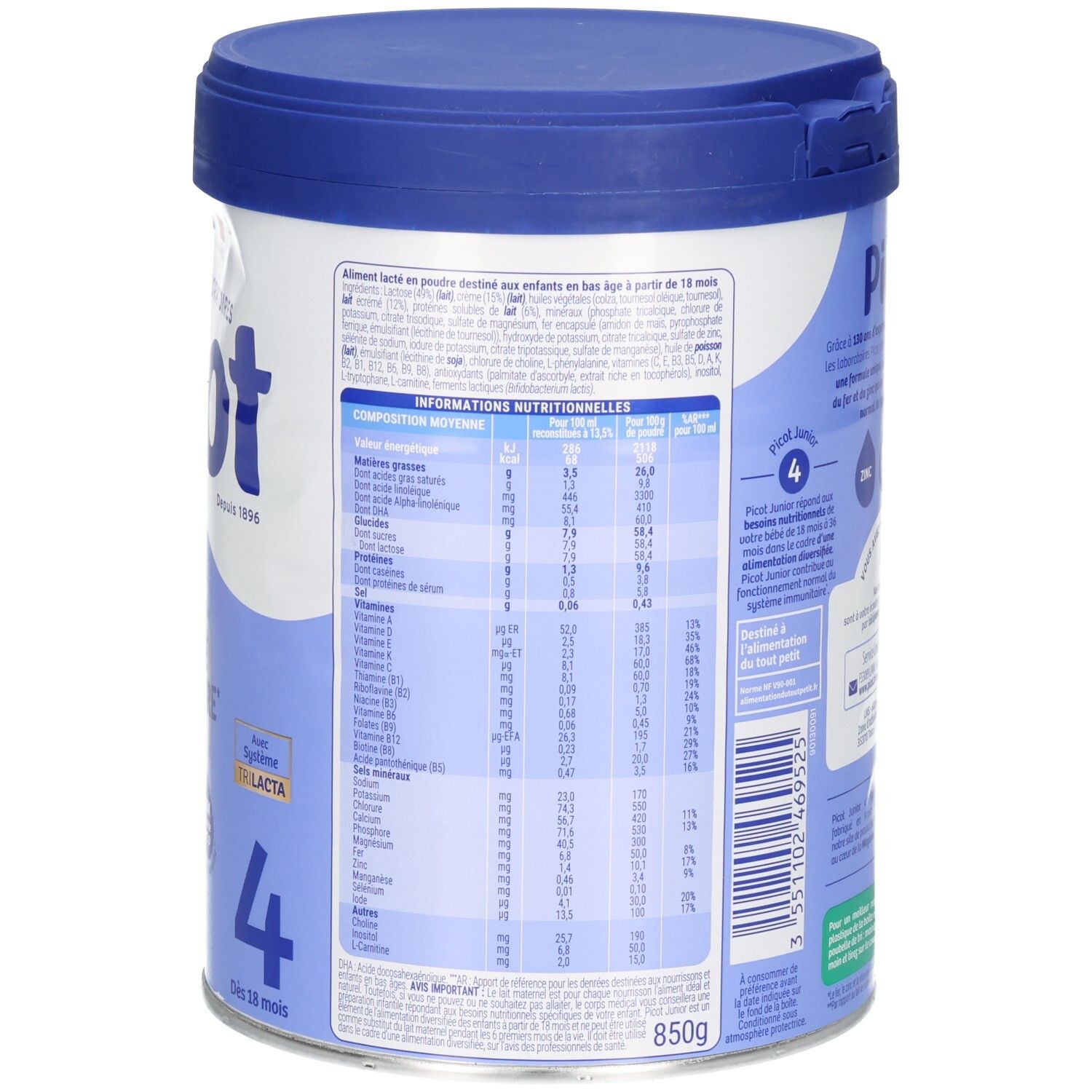 Arrière de la boîte Picot Junior 4 avec tableau nutritionnel détaillé et informations produit.