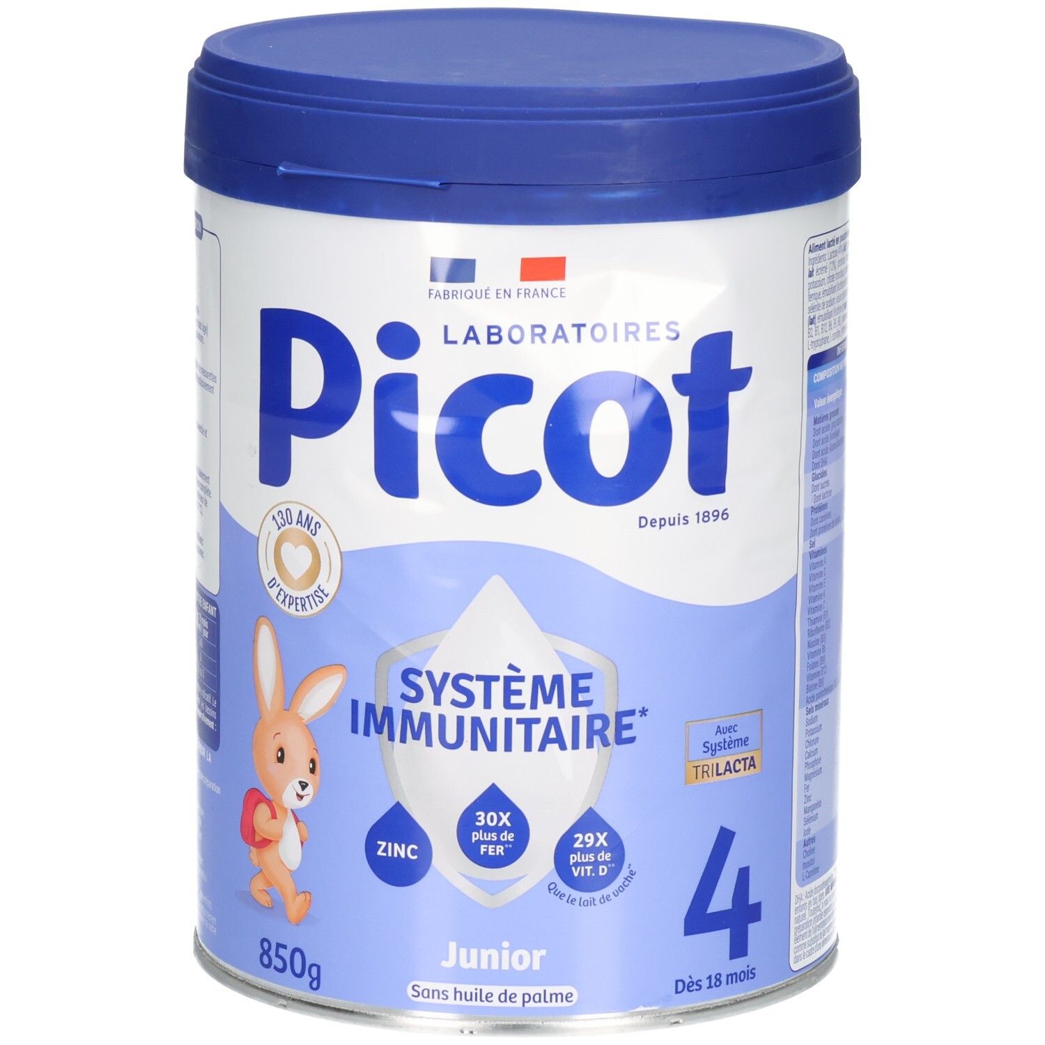 Boîte de lait en poudre Picot Junior 4, vue de face axée sur le logo 'Système Immunitaire'.