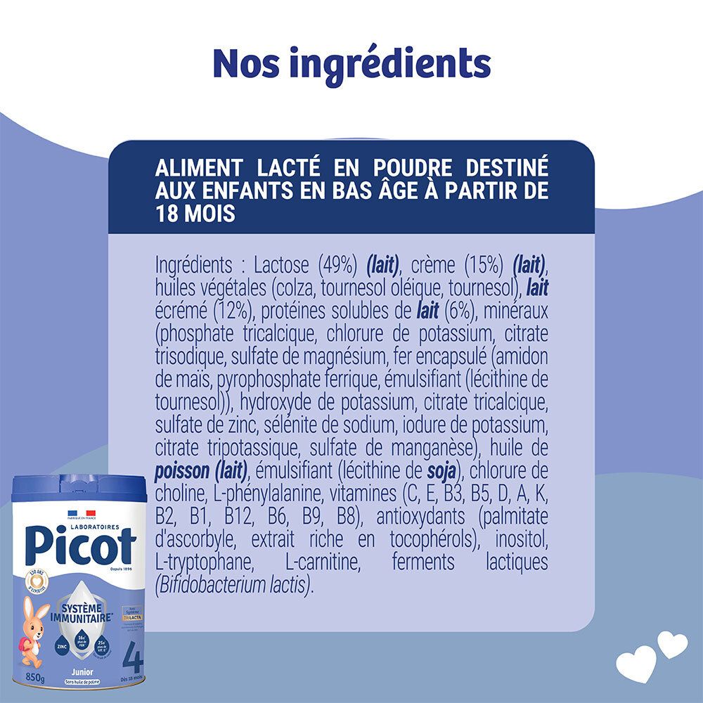 Boîte de lait en poudre Picot Junior 4 avec liste d'ingrédients. Contient lactose, crème, huiles végétales et vitamines.