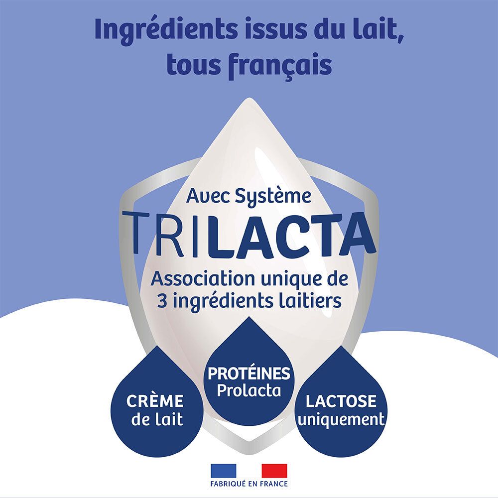 Picot Junior 4 : "Avec Système TRILACTA" avec crème, protéines Prolacta et lactose. Fabriqué en France.