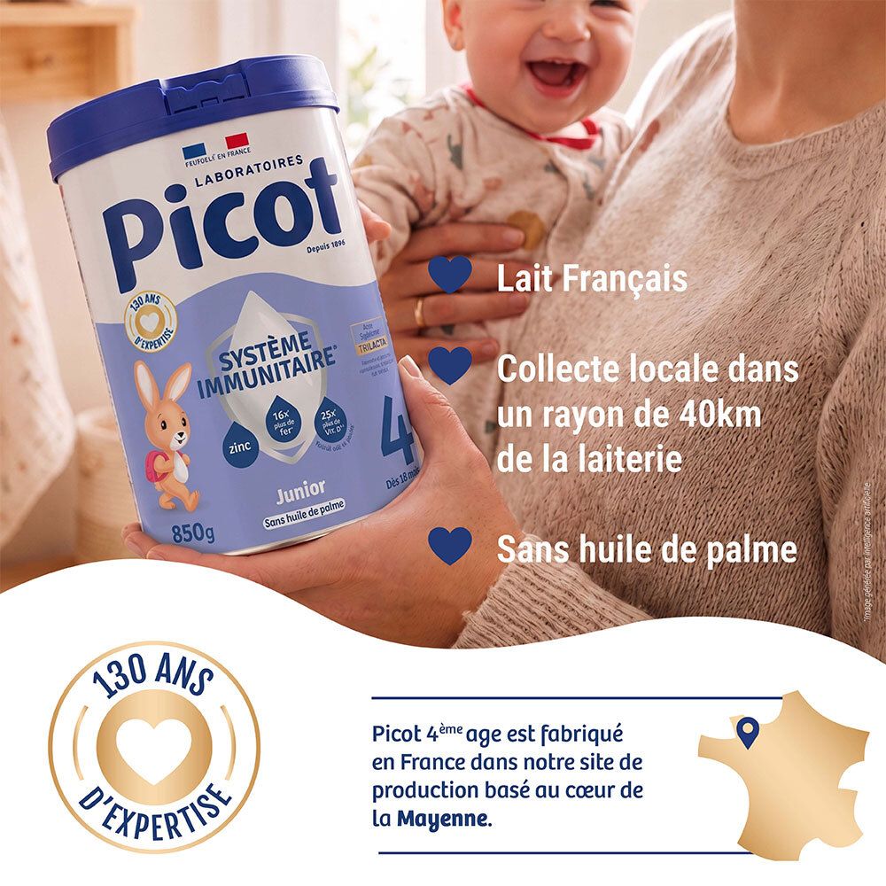 Boîte de lait en poudre Picot Junior 4 tenue par une femme, bébé dans les bras. "Lait Français", "Collecte locale", "Sans huile de palme".