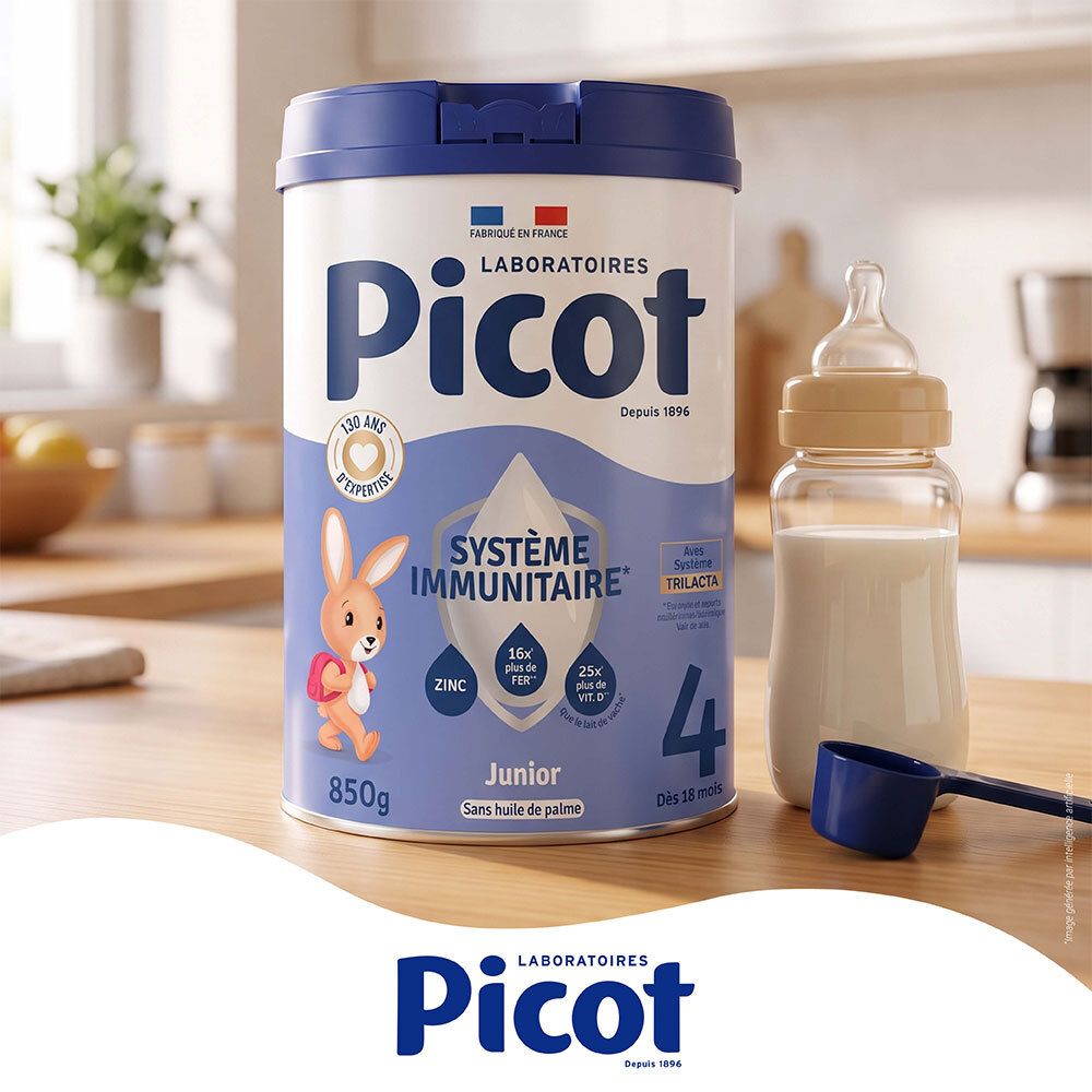 Boîte de lait en poudre Picot Junior 4 sur un comptoir de cuisine, près d'un biberon. "Laboratoires Picot", "Depuis 1896".