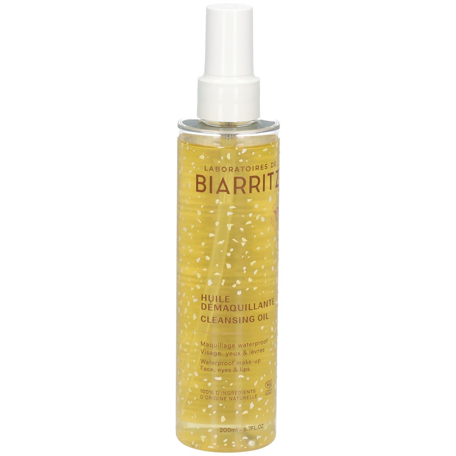 Huile démaquillante Laboratoires de Biarritz dans un flacon spray transparent avec bouchon blanc.