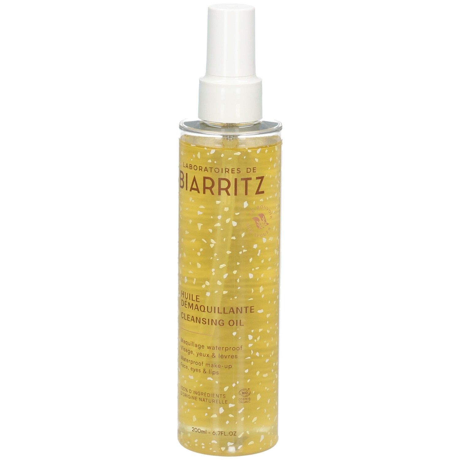 Huile démaquillante Laboratoires de Biarritz dans un flacon spray transparent avec bouchon blanc.