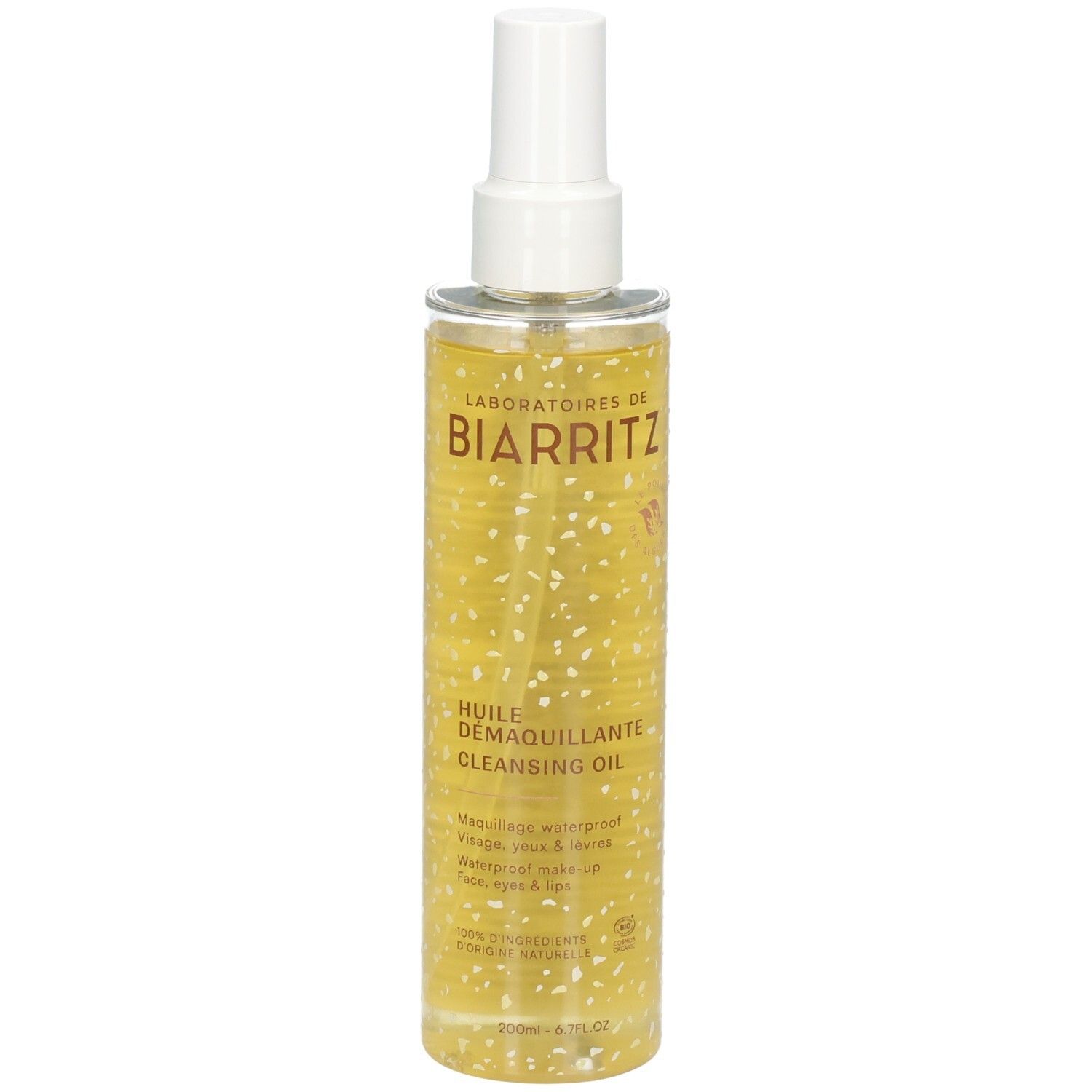 Huile démaquillante Laboratoires de Biarritz dans un flacon spray transparent avec bouchon blanc.