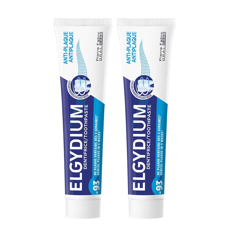 Deux tubes de dentifrice ELGYDIUM formule anti-plaque.