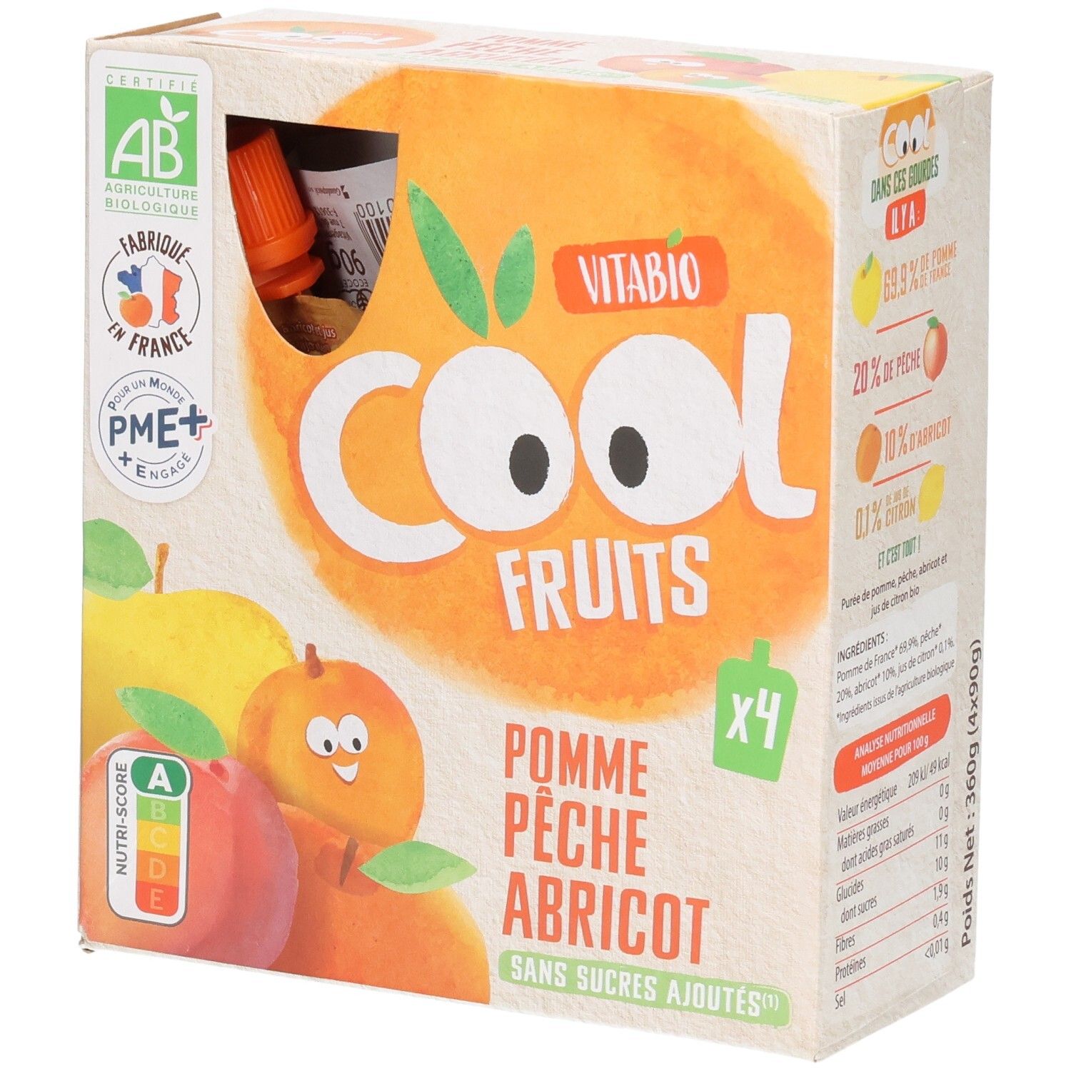 Pack de 4 compotes VITABIO Cool Fruits Pomme Pêche Abricot.