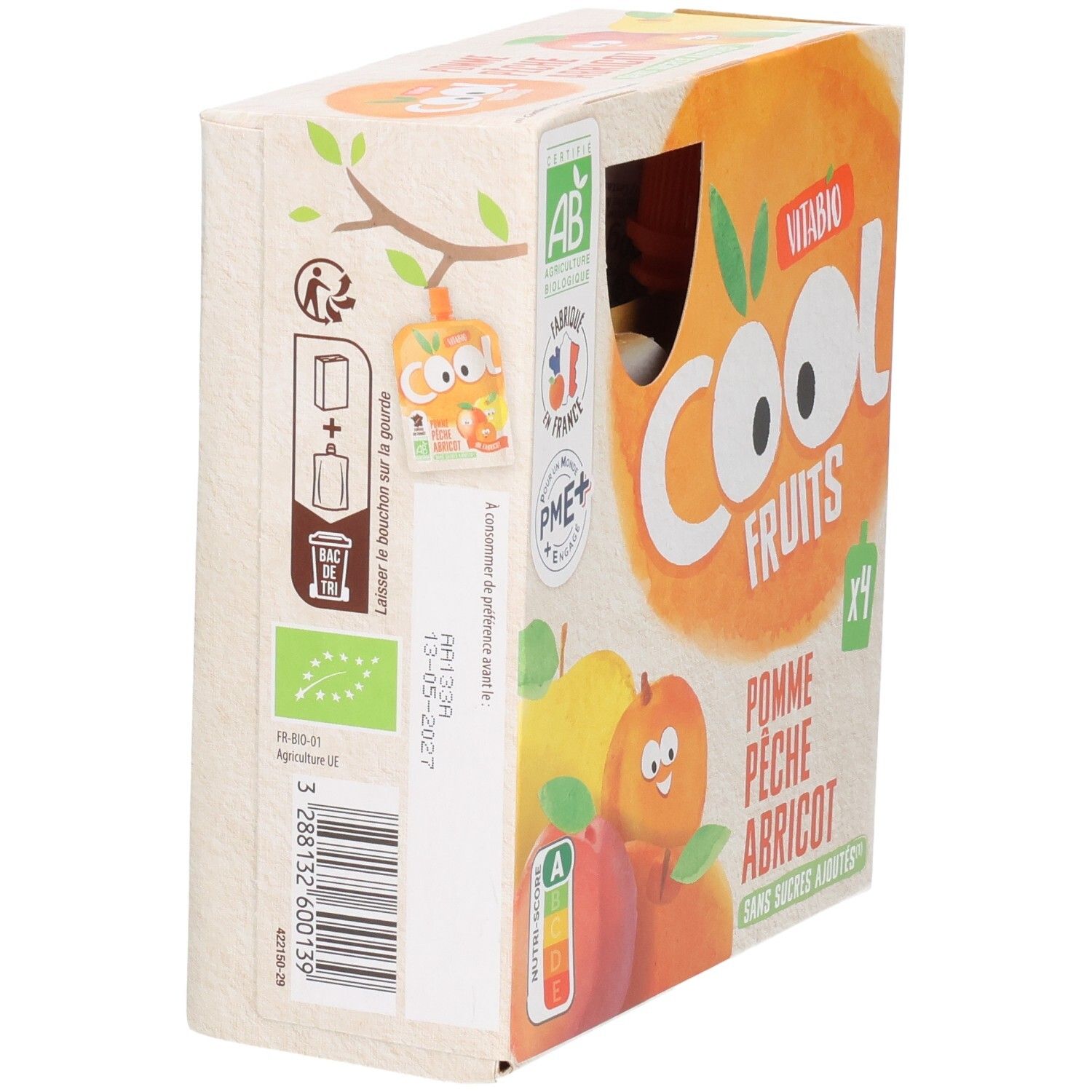 Pack de 4 compotes VITABIO Cool Fruits Pomme Pêche Abricot, vue latérale.