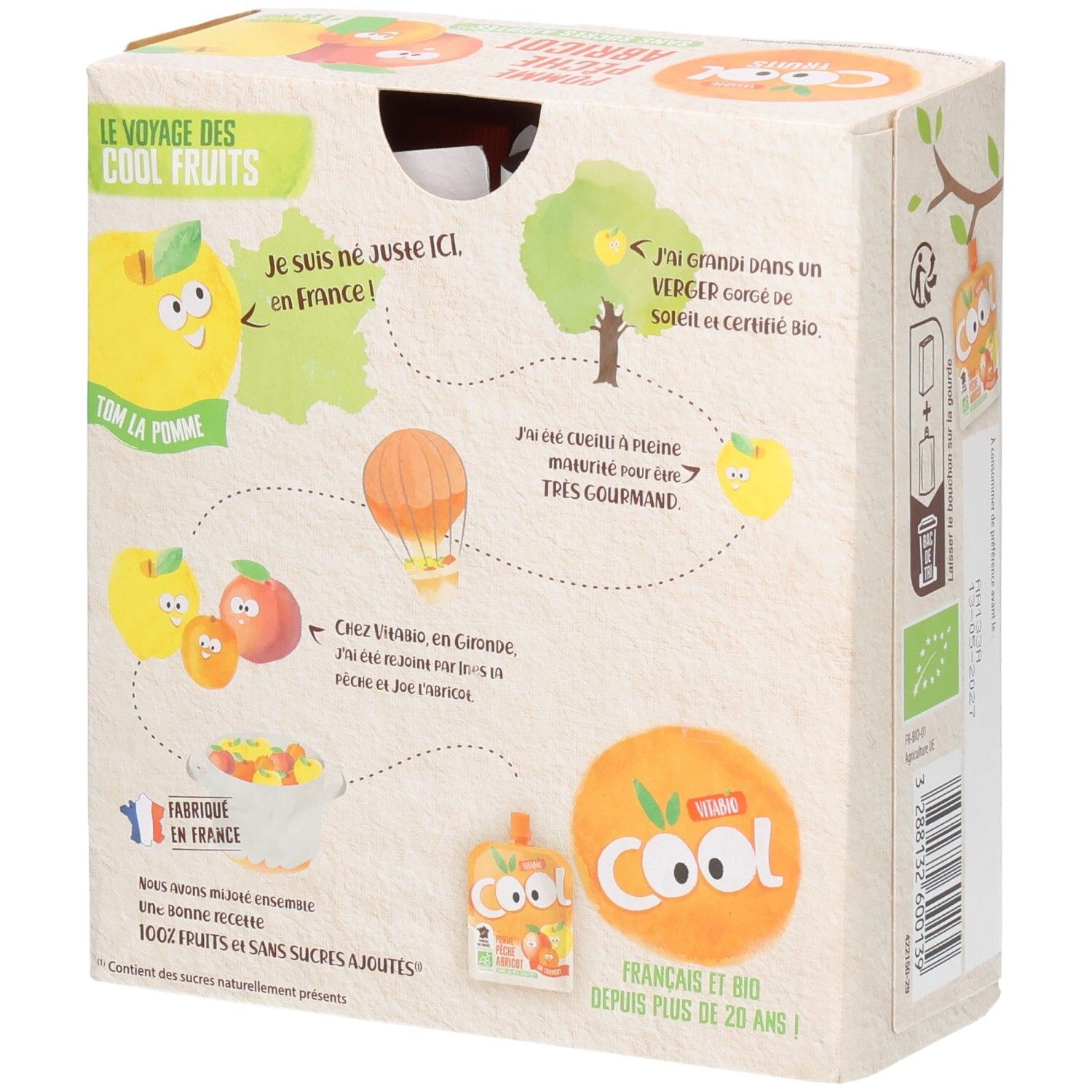 Pack de 4 compotes VITABIO Cool Fruits Pomme Pêche Abricot, dos avec illustrations.