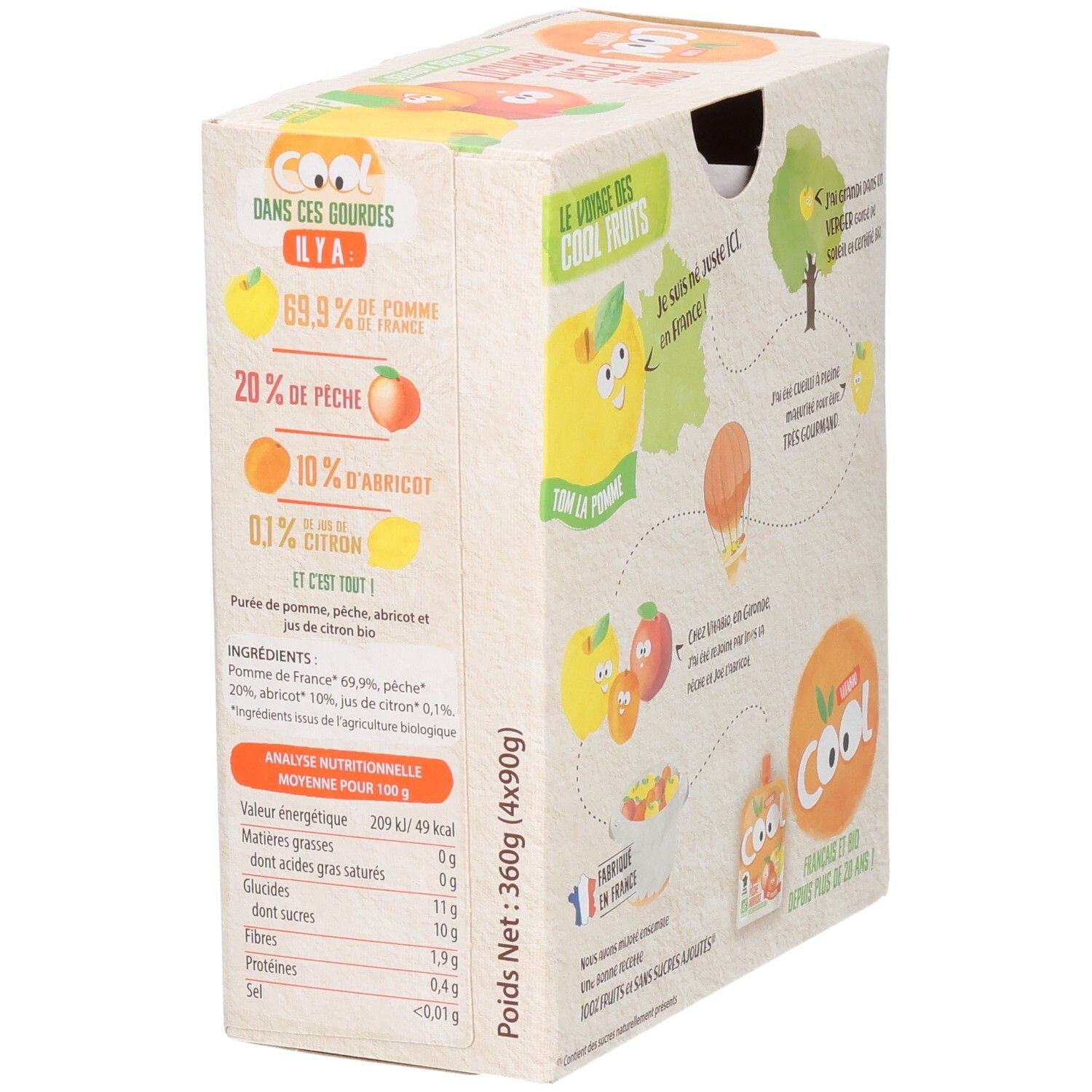 Pack de 4 compotes VITABIO Cool Fruits Pomme Pêche Abricot, dos avec informations nutritionnelles.