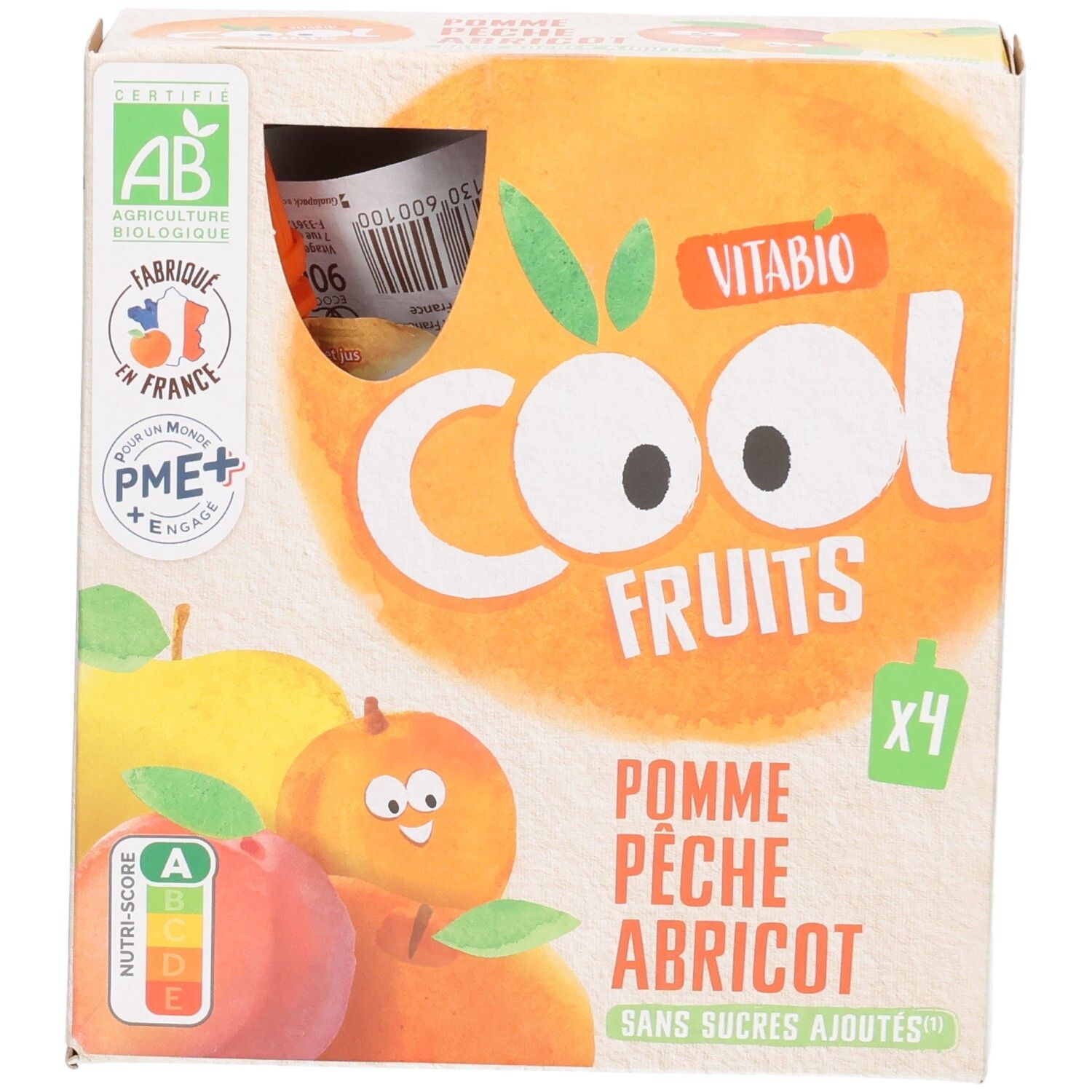 Pack de 4 compotes VITABIO Cool Fruits Pomme Pêche Abricot, avec label Bio.