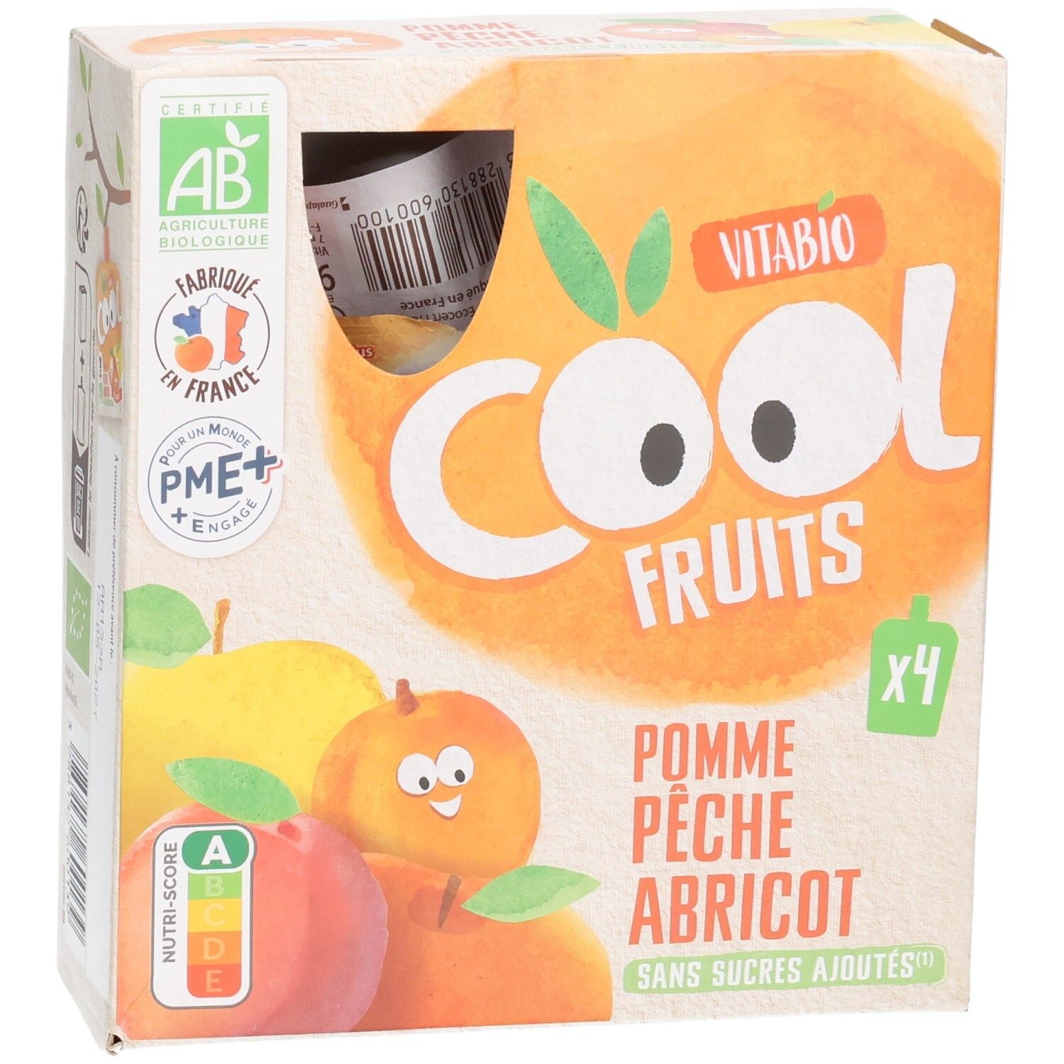 Pack de 4 compotes VITABIO Cool Fruits Pomme Pêche Abricot, avec label Bio.