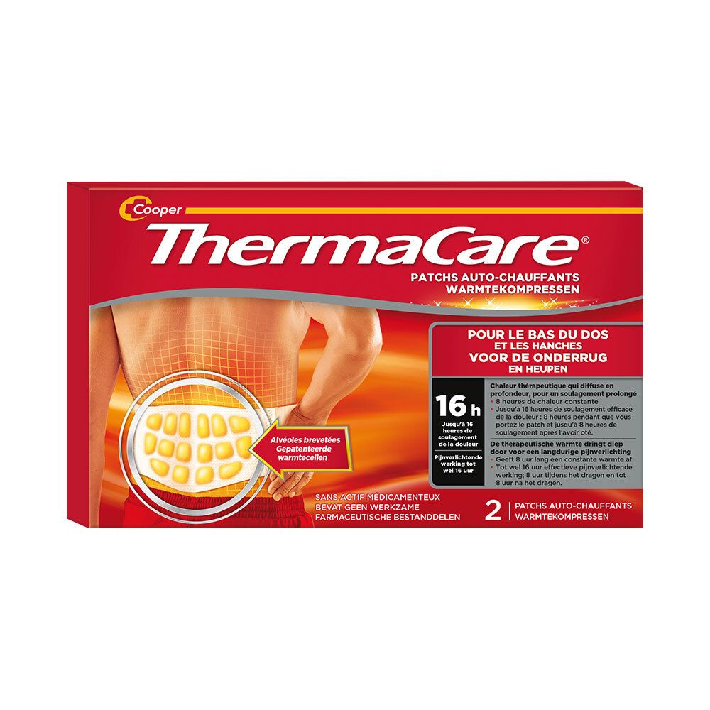 Boîte de patchs chauffants ThermaCare pour le dos, montrant un homme avec des douleurs dorsales et 2 patchs.