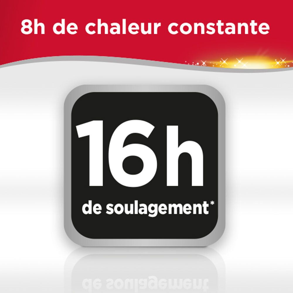 Patchs chauffants ThermaCare : 16h de soulagement, 8h de chaleur constante.