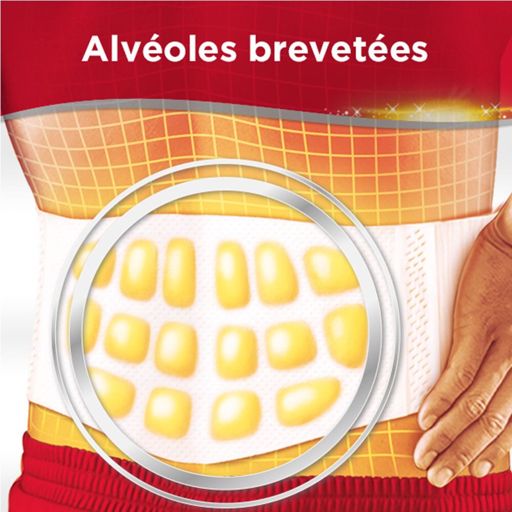 Gros plan des patchs chauffants ThermaCare avec alvéoles brevetées pour le dos.