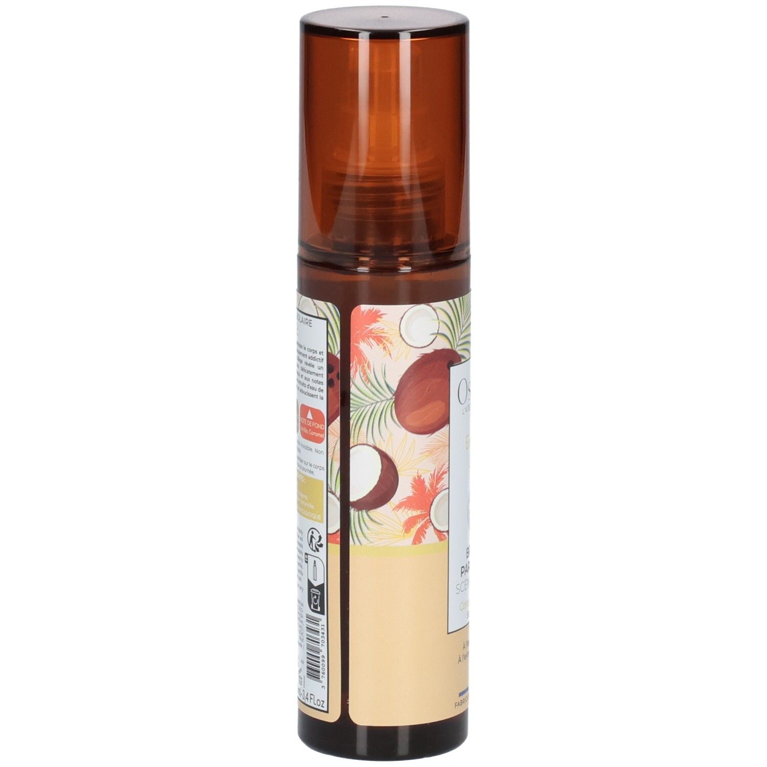 Flacon Osmae Exquise Coco Brume Parfumée, vue de côté avec étiquette et motifs de noix de coco.
