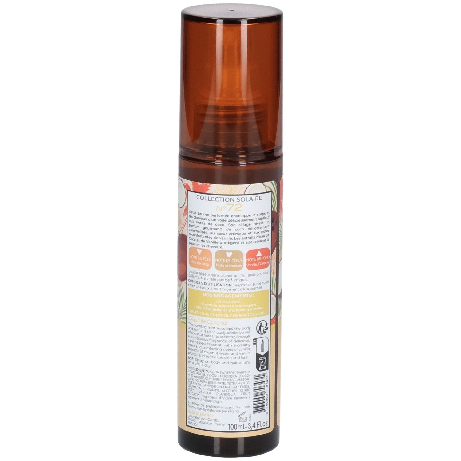 Flacon Osmae Exquise Coco Brume Parfumée, verso avec informations produit et motifs de noix de coco.